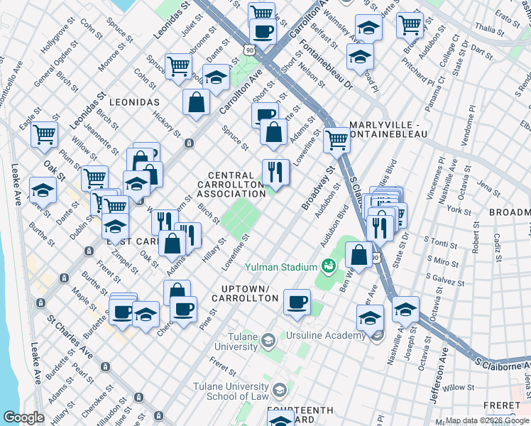 map of restaurants, bars, coffee shops, grocery stores, and more near 7331 Hickory Street in New Orleans