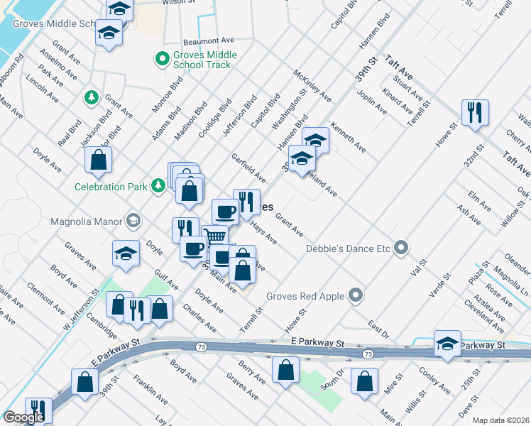 map of restaurants, bars, coffee shops, grocery stores, and more near 3858 Hays Avenue in Groves