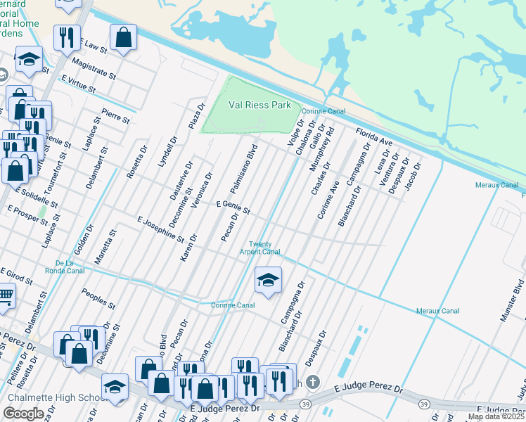 map of restaurants, bars, coffee shops, grocery stores, and more near 3621 Volpe Drive in Chalmette