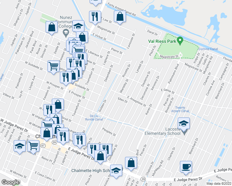 map of restaurants, bars, coffee shops, grocery stores, and more near 612 East Josephine Street in Chalmette