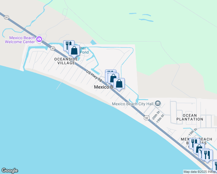 map of restaurants, bars, coffee shops, grocery stores, and more near in Mexico Beach
