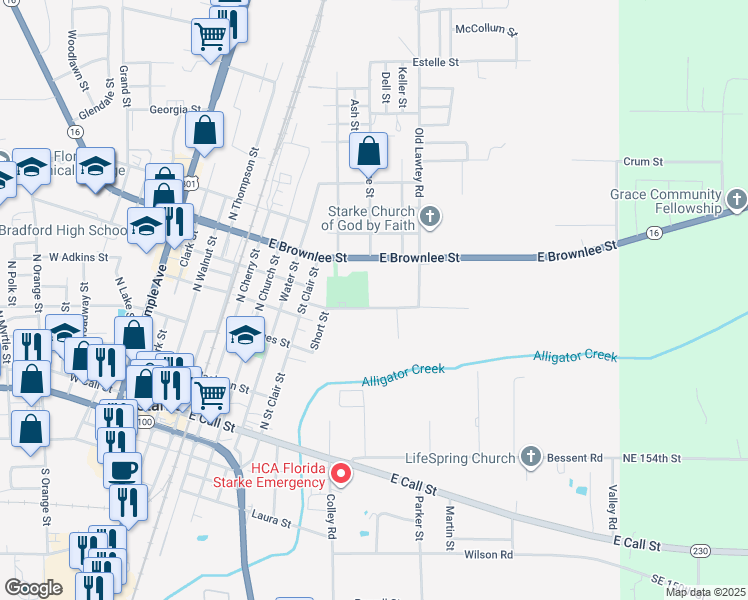 map of restaurants, bars, coffee shops, grocery stores, and more near 830 Thomas Street in Starke