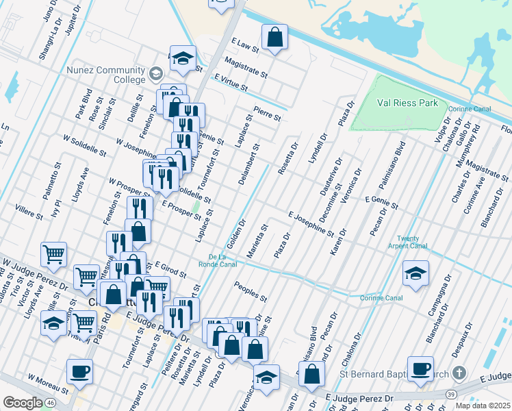map of restaurants, bars, coffee shops, grocery stores, and more near 3317 Golden Drive in Chalmette