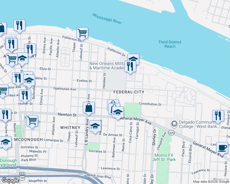 map of restaurants, bars, coffee shops, grocery stores, and more near 712 Sumner Street in New Orleans