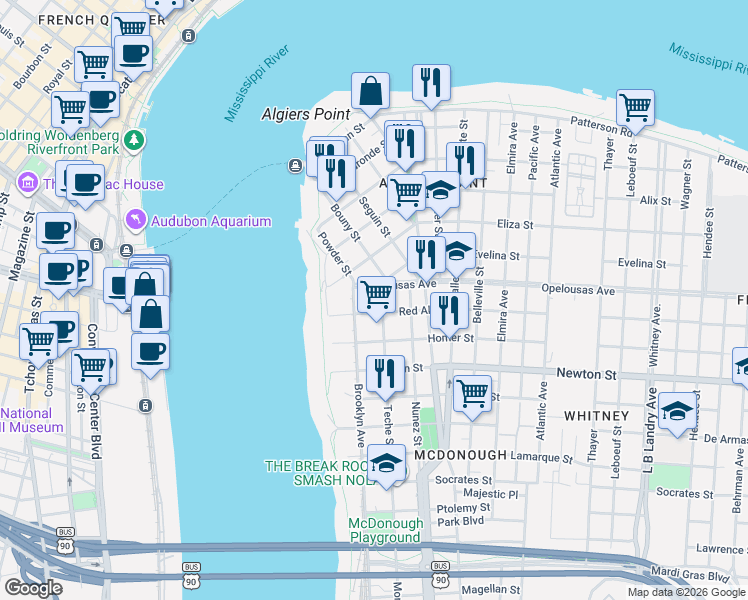 map of restaurants, bars, coffee shops, grocery stores, and more near 813 Teche Street in New Orleans