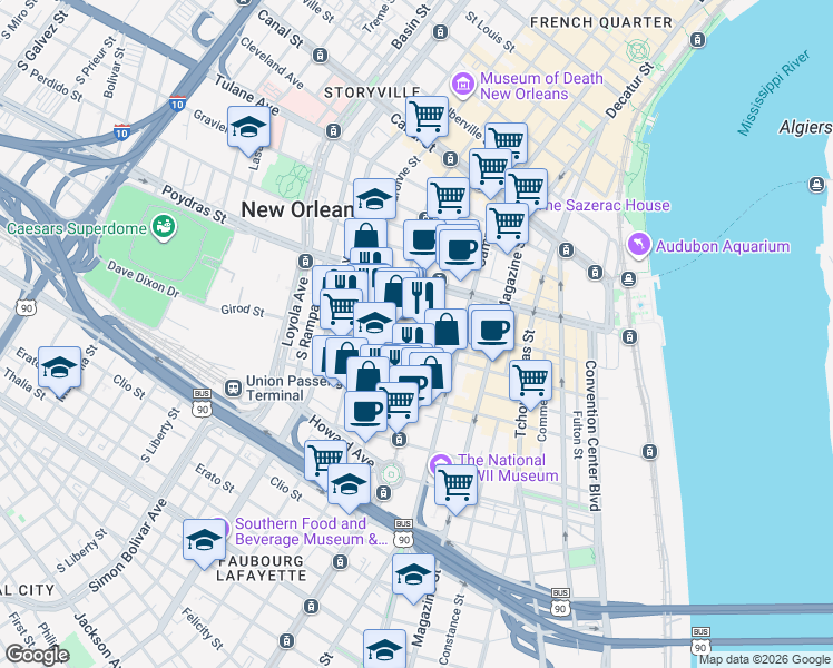 map of restaurants, bars, coffee shops, grocery stores, and more near in New Orleans