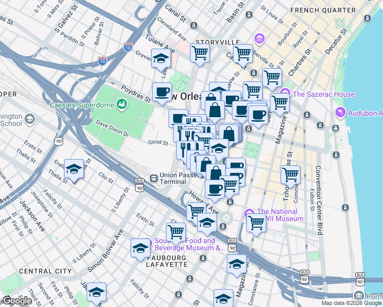 map of restaurants, bars, coffee shops, grocery stores, and more near 752 O'Keefe Avenue in New Orleans