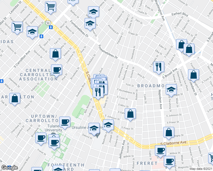 map of restaurants, bars, coffee shops, grocery stores, and more near 6215 South Tonti Street in New Orleans