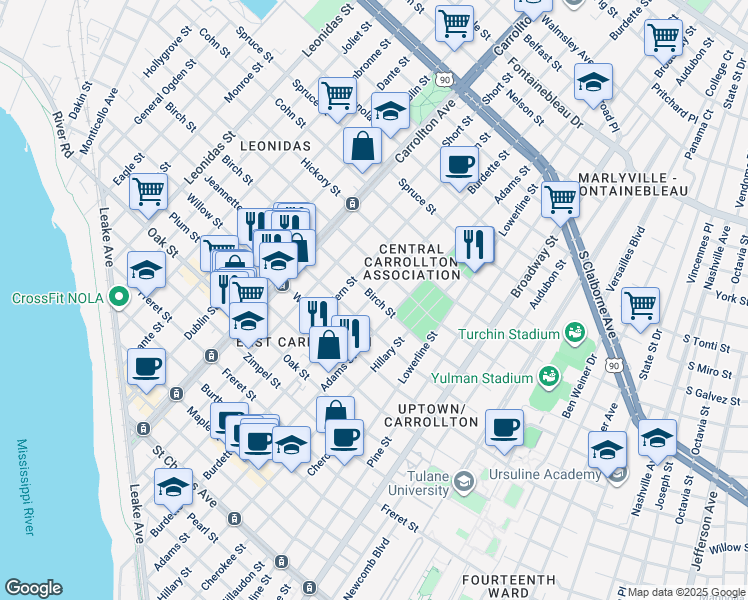 map of restaurants, bars, coffee shops, grocery stores, and more near 7729 Jeannette Street in New Orleans