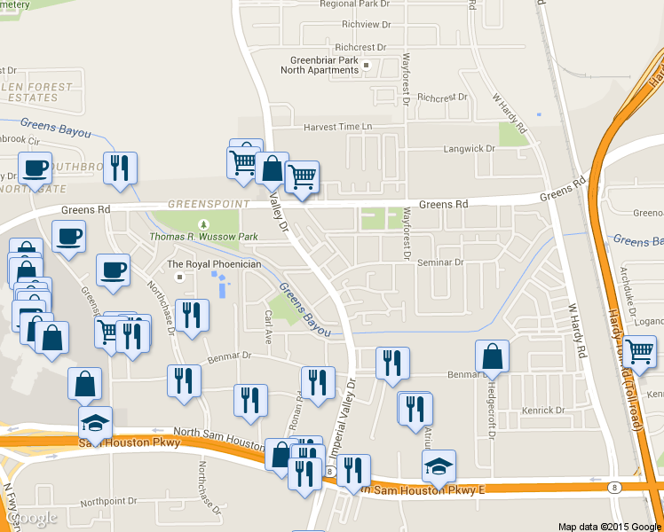 map of restaurants, bars, coffee shops, grocery stores, and more near 17202 Imperial Valley Drive in Houston