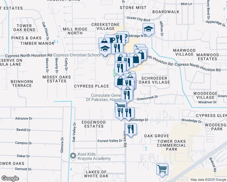 map of restaurants, bars, coffee shops, grocery stores, and more near 11902 Jansells Crossing Drive in Houston