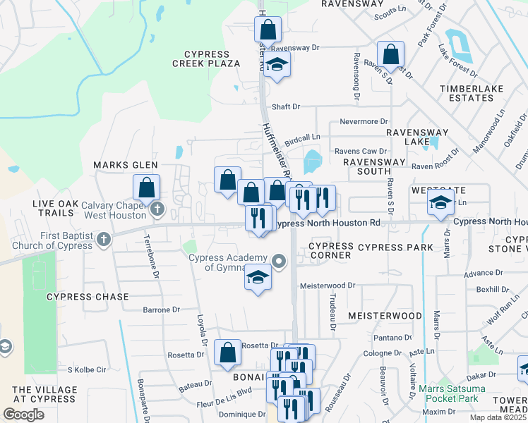 map of restaurants, bars, coffee shops, grocery stores, and more near 13837 Cypress North Houston Road in Cypress