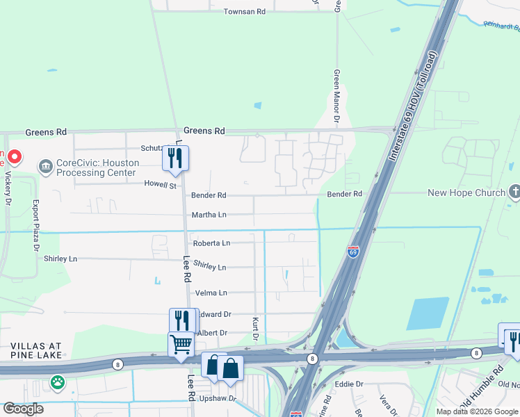 map of restaurants, bars, coffee shops, grocery stores, and more near 6009 Martha Lane in Humble