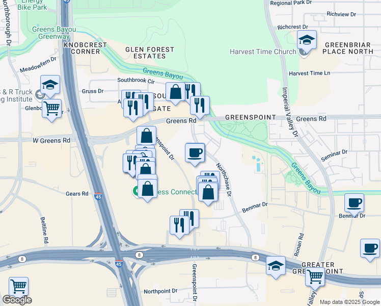 map of restaurants, bars, coffee shops, grocery stores, and more near 17001 Northchase Drive in Houston