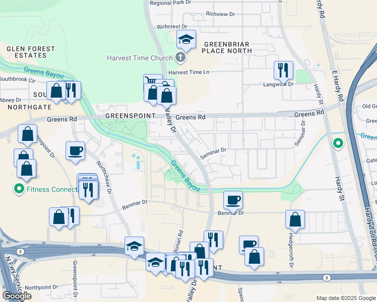 map of restaurants, bars, coffee shops, grocery stores, and more near 17213 Imperial Valley Drive in Houston