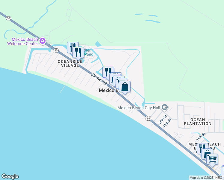 map of restaurants, bars, coffee shops, grocery stores, and more near in Mexico Beach