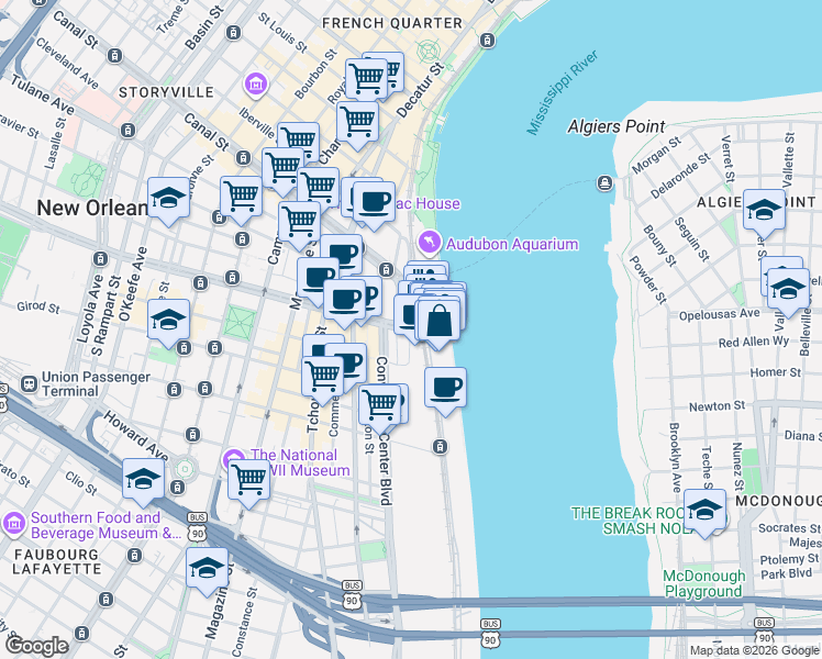 map of restaurants, bars, coffee shops, grocery stores, and more near 500 Port of New Orleans Place in New Orleans
