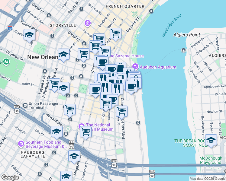 map of restaurants, bars, coffee shops, grocery stores, and more near 300 Poydras Street in New Orleans