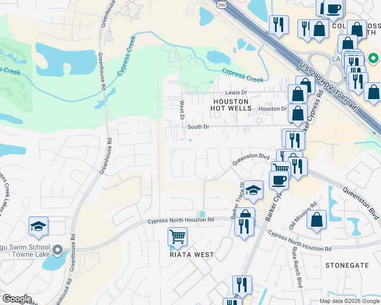 map of restaurants, bars, coffee shops, grocery stores, and more near 11822 White Flint Lane in Cypress