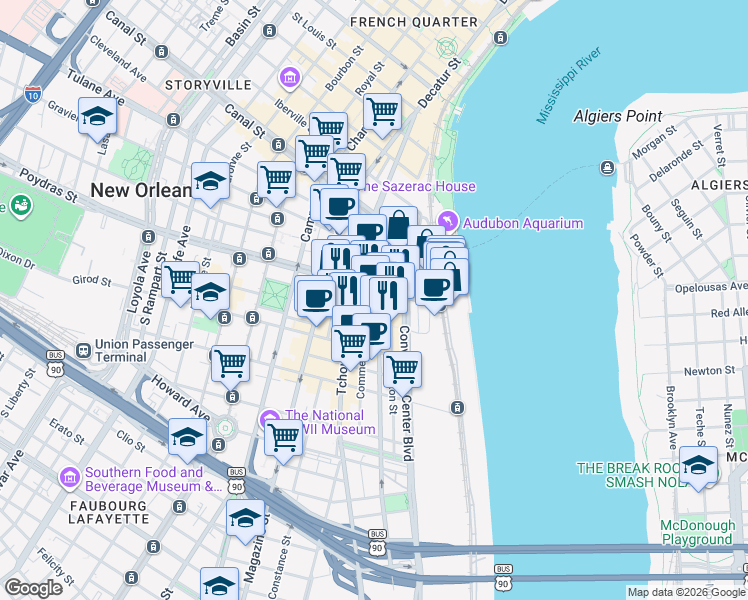 map of restaurants, bars, coffee shops, grocery stores, and more near 537 South Peters Street in New Orleans