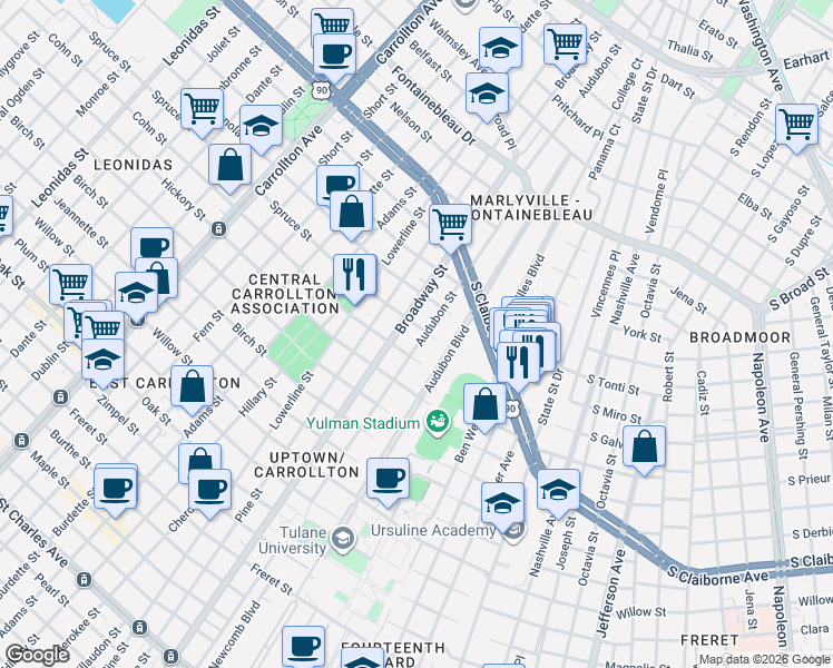 map of restaurants, bars, coffee shops, grocery stores, and more near 200 Audubon Boulevard in New Orleans