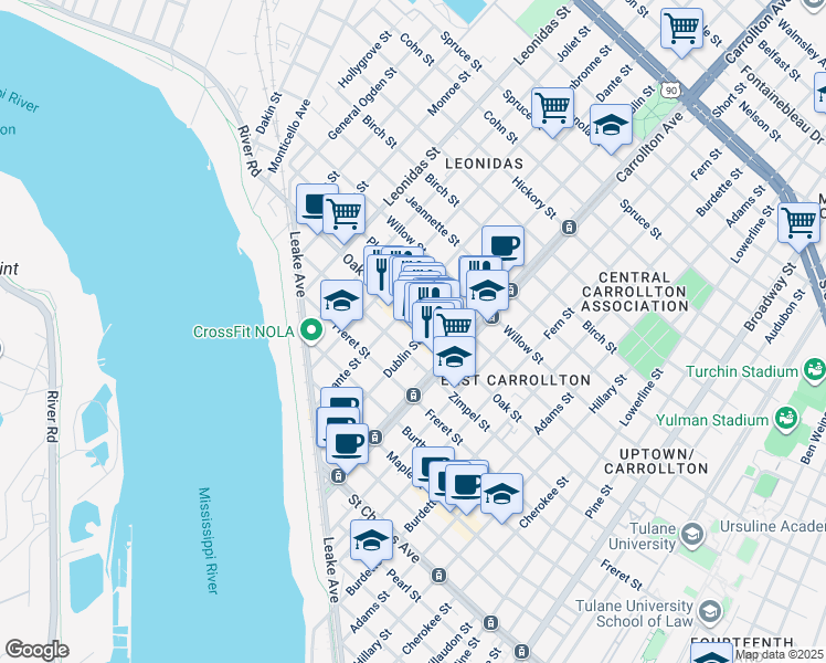 map of restaurants, bars, coffee shops, grocery stores, and more near in New Orleans