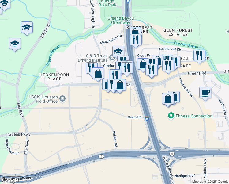 map of restaurants, bars, coffee shops, grocery stores, and more near 205 West Greens Road in Houston