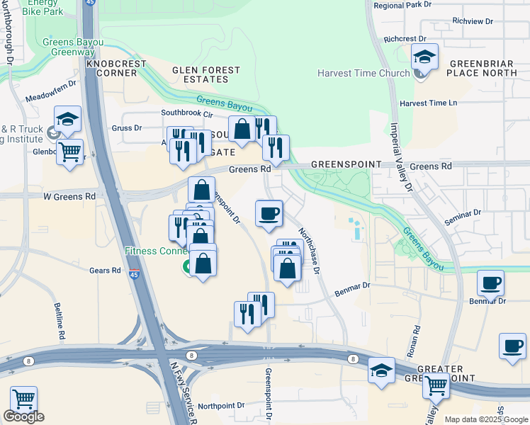 map of restaurants, bars, coffee shops, grocery stores, and more near 17001 Northchase Drive in Houston