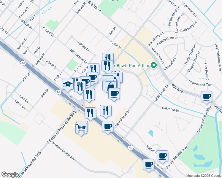 map of restaurants, bars, coffee shops, grocery stores, and more near 3100 Highway 365 in Port Arthur