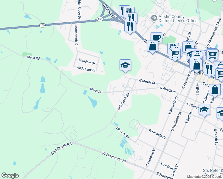 map of restaurants, bars, coffee shops, grocery stores, and more near 843 West Austin Street in Bellville