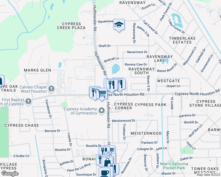 map of restaurants, bars, coffee shops, grocery stores, and more near 12039 Huffmeister Road in Cypress