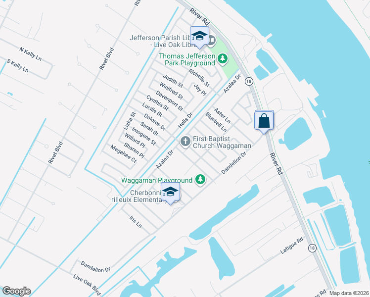 map of restaurants, bars, coffee shops, grocery stores, and more near 37 Gardenia Lane in Westwego