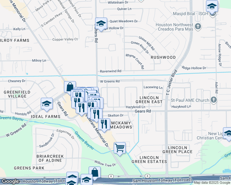 map of restaurants, bars, coffee shops, grocery stores, and more near 11322 New Vista Lane in Houston