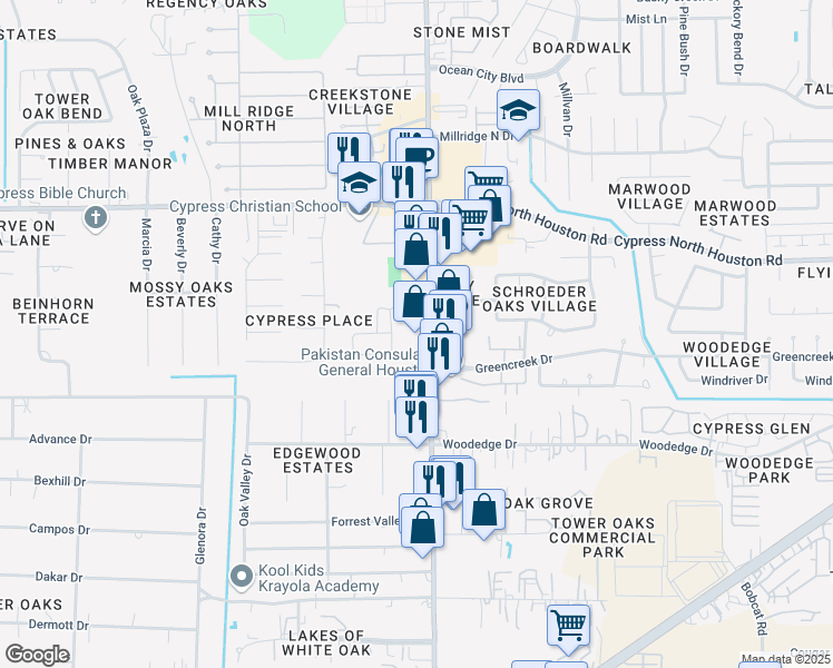 map of restaurants, bars, coffee shops, grocery stores, and more near 11925 Jones Road in Houston