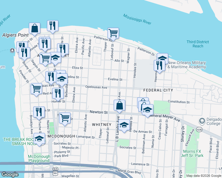 map of restaurants, bars, coffee shops, grocery stores, and more near 743 Leboeuf Street in New Orleans