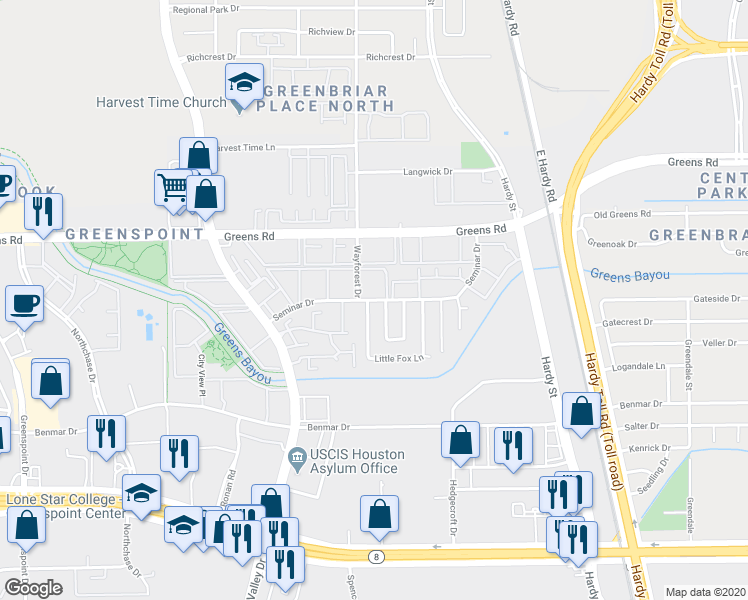 map of restaurants, bars, coffee shops, grocery stores, and more near 567 Seminar Drive in Houston