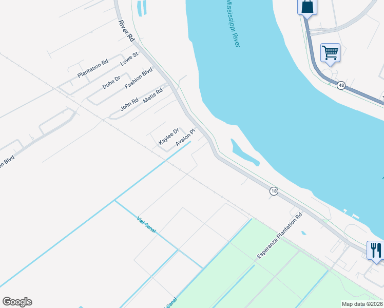 map of restaurants, bars, coffee shops, grocery stores, and more near 119 Avalon Place in Hahnville