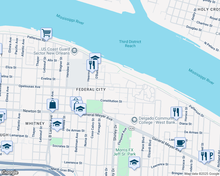 map of restaurants, bars, coffee shops, grocery stores, and more near 111 Constitution Street in New Orleans