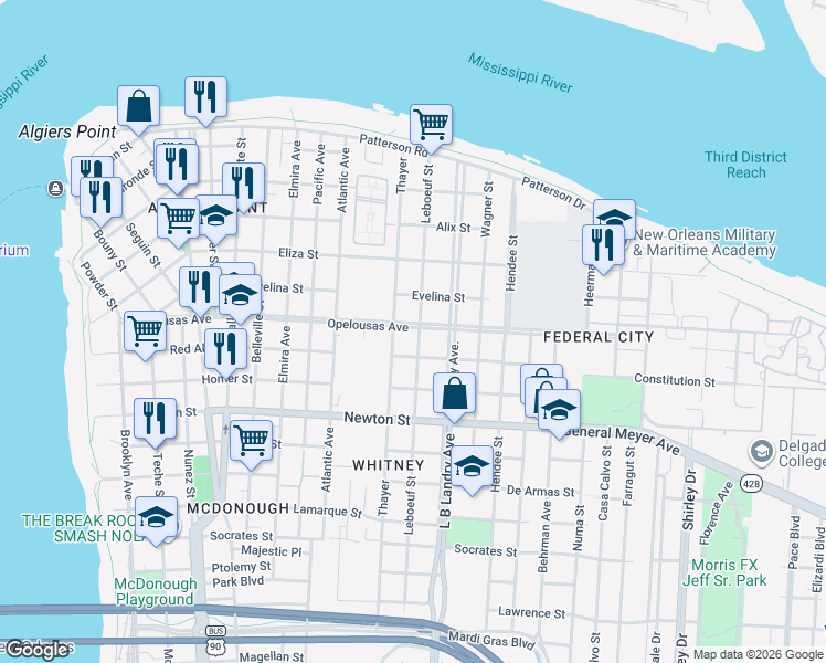 map of restaurants, bars, coffee shops, grocery stores, and more near 743 Leboeuf Street in New Orleans