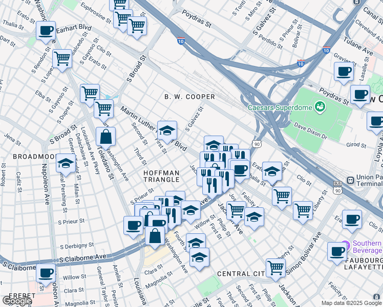 map of restaurants, bars, coffee shops, grocery stores, and more near 3200 Josephine Street in New Orleans