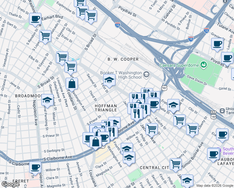 map of restaurants, bars, coffee shops, grocery stores, and more near 2318 South Johnson Street in New Orleans