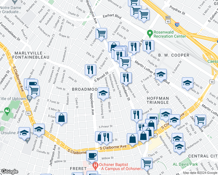map of restaurants, bars, coffee shops, grocery stores, and more near 4202 South Rocheblave Street in New Orleans