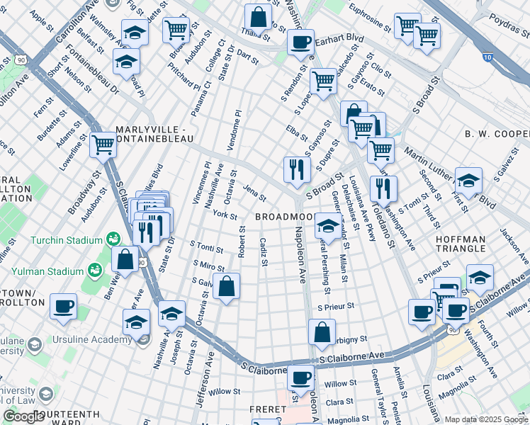 map of restaurants, bars, coffee shops, grocery stores, and more near 3801 Cadiz Street in New Orleans