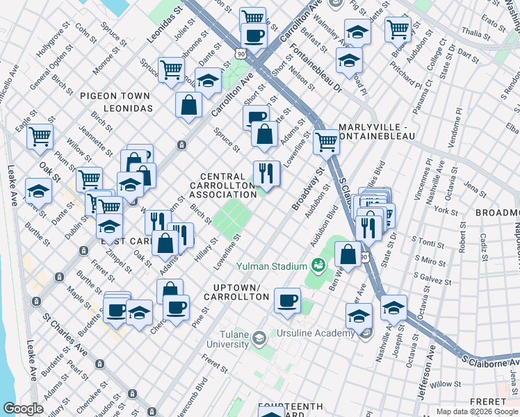 map of restaurants, bars, coffee shops, grocery stores, and more near 1736 Pine Street in New Orleans