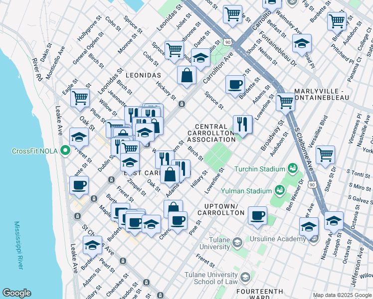 map of restaurants, bars, coffee shops, grocery stores, and more near 7729 Jeannette Street in New Orleans