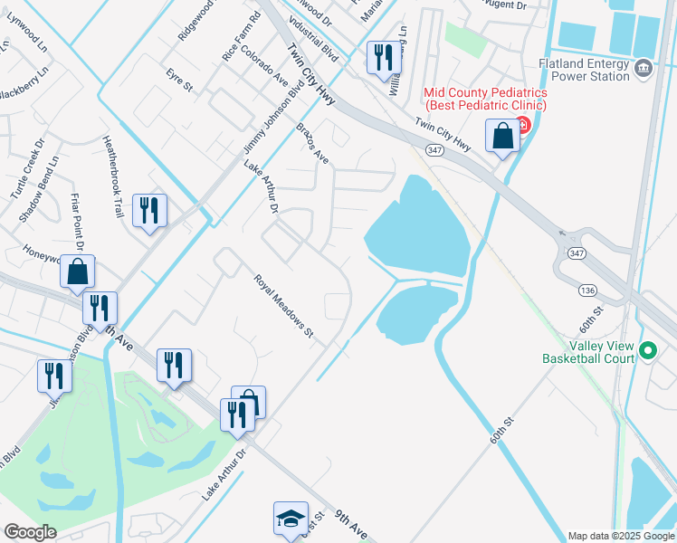 map of restaurants, bars, coffee shops, grocery stores, and more near 4301 Lake Arthur Drive in Port Arthur