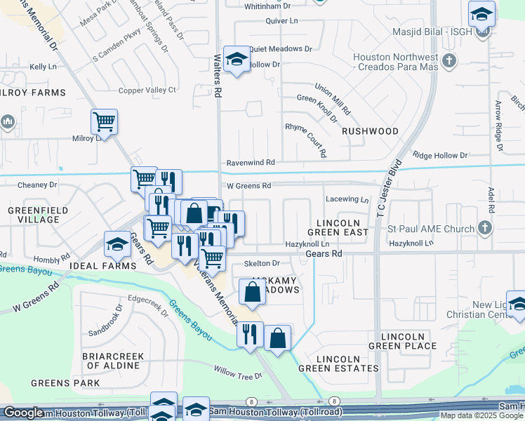 map of restaurants, bars, coffee shops, grocery stores, and more near 11322 New Vista Lane in Houston