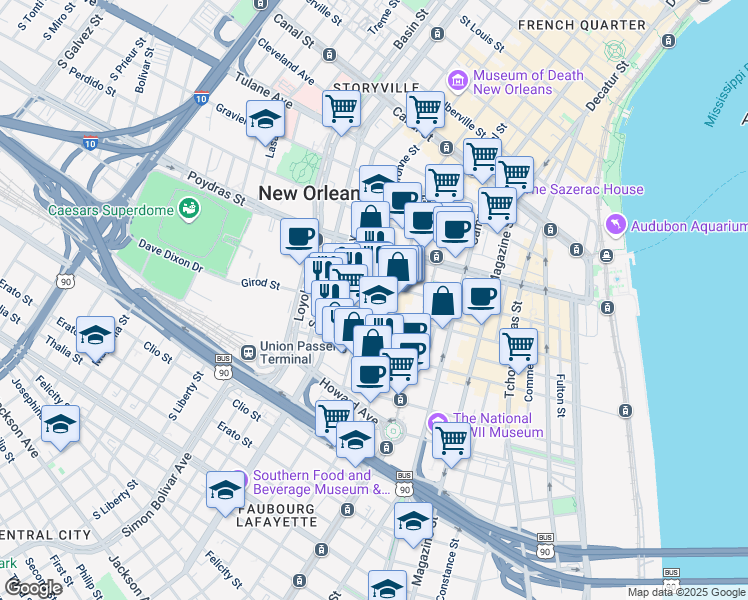 map of restaurants, bars, coffee shops, grocery stores, and more near 628 Baronne Street in New Orleans
