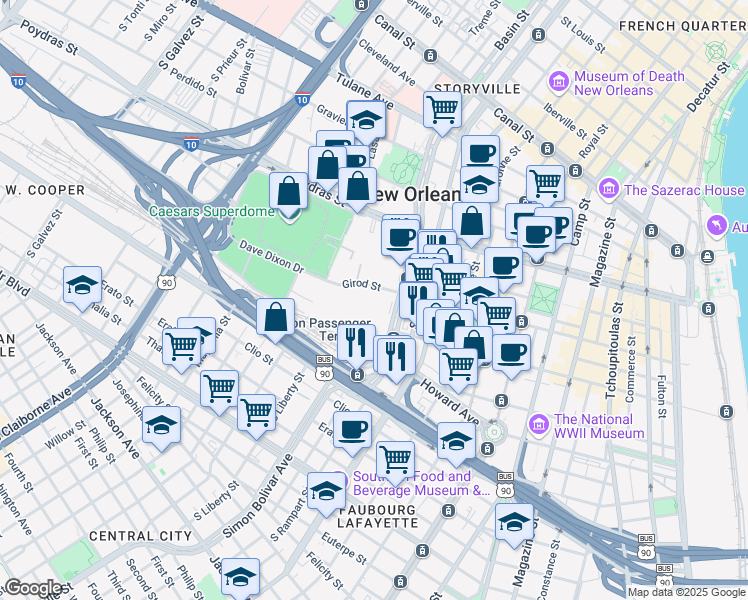 map of restaurants, bars, coffee shops, grocery stores, and more near 701 Loyola Avenue in New Orleans