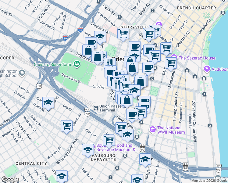 map of restaurants, bars, coffee shops, grocery stores, and more near 639 Loyola Avenue in New Orleans